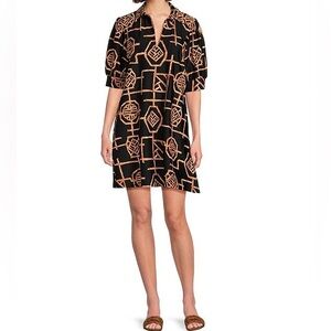 Emerson Bamboo Lattice Print Cloth Knit Point Collar Puffed Sleeve Shift Dress